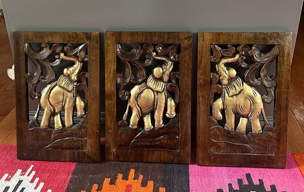Vintage wooden wall art carved elephants set of 3 gold brown plaques India art